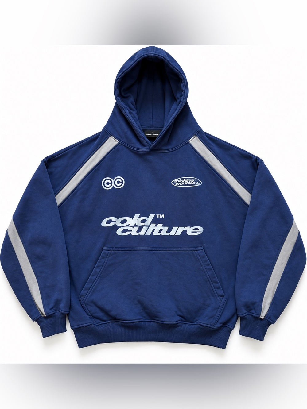 Cold Culture Hoodie Men Small Navy Blue Gray Stripe Thinking Worldwide Portugal